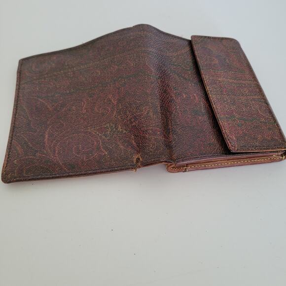 Etro Vintage Brown Paisley Medium Leather Wallet Compact Logo Italian Bifold - Picture 14 of 16